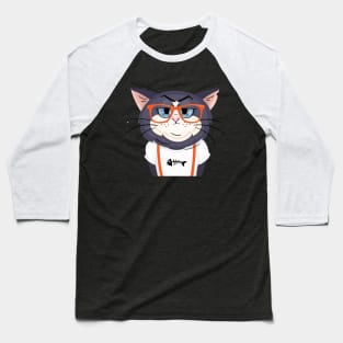 A thinking hipster cat wearing a fishbone picture Baseball T-Shirt